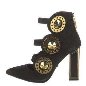 Kat Maconie Black Suede High Heel Pump with Gold Accent Hardware